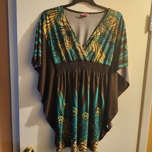 Womens Brand New Peacock Feather Print Kimono Dress Sz L